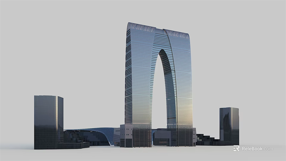Modern Iconic Arched Skyscraper Design With Glass Facade And Surrounding Buildings 3d model 