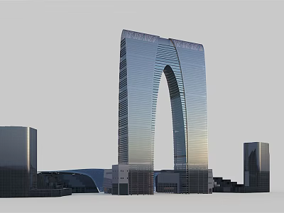 Modern Iconic Arched Skyscraper Design With Glass Facade And Surrounding Buildings 3d model