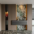 Modern Entryway Hallway With Green Patterned Feature Wall Chandelier And Console Cabinet Decorative Items