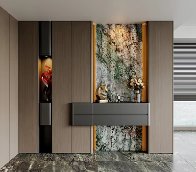 Modern Entryway Hallway With Green Patterned Feature Wall Chandelier And Console Cabinet Decorative Items 3d model
