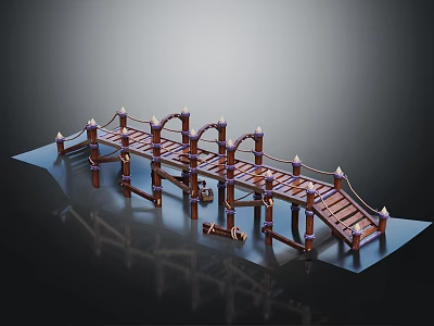 Wooden Bridge Structure With Railings Wooden Planks Support Posts And Decorative Lights 3d model