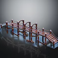 Wooden Bridge Structure With Railings Wooden Planks Support Posts And Decorative Lights