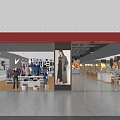 Supermarket and Department Store Exterior Featuring Clothing Section and Supermarket Area with Product Displays