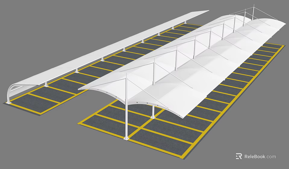 White Carport Canopy Structures Covering Parking Lot Spaces With Yellow Lines 3d model 