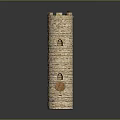 Light Brown Stone Tower With Cylindrical Structure Small Windows And Circular Emblem Design 3d model