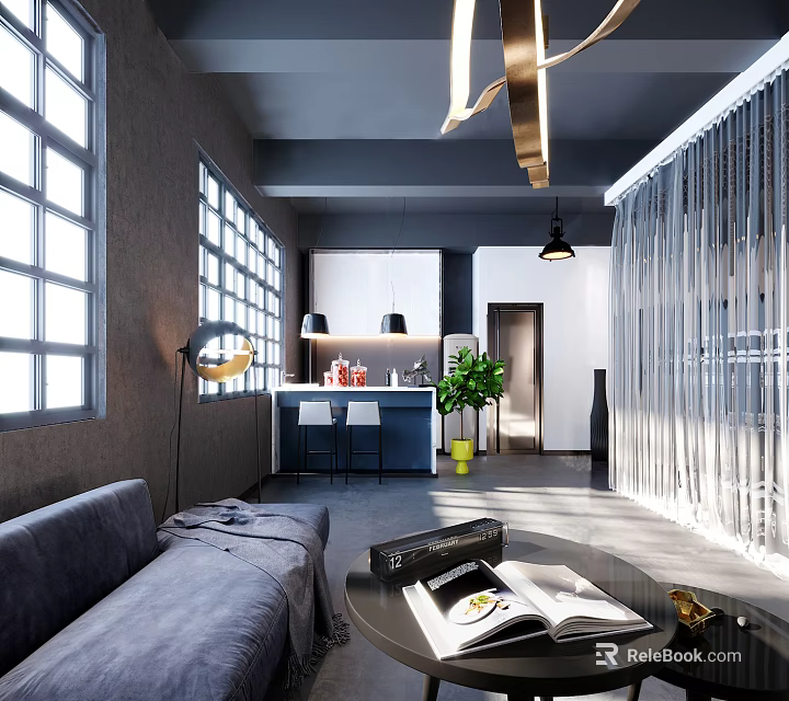 Modern Tea Room Interior Design With Large Windows Sofa Coffee Table And Pendant Lights 3d model 