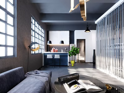 Modern Tea Room Interior Design With Large Windows Sofa Coffee Table And Pendant Lights 3d model