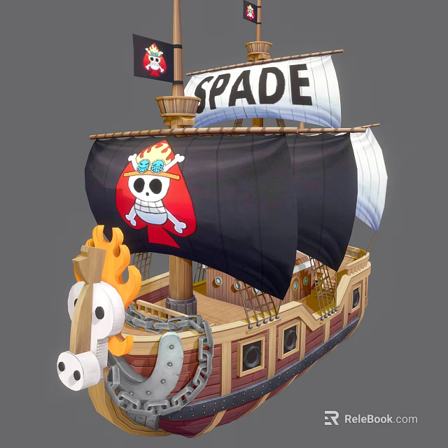 Pirate Themed Wooden Ship With Black SPADE Sail Skull Emblem And Decorative Figurehead Chains 3d model 