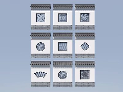 Traditional Chinese Wall Designs With Various Shaped Grilles Tile Roofs And Stone Bases 3d model