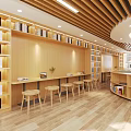 School Library Interior With Wooden Ceiling Bookshelves Bright Reading Area Sofa And