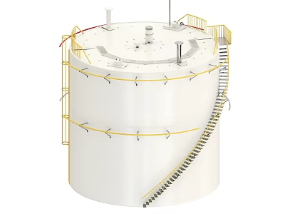 Industrial Storage Tank Equipment With White Body Yellow Guardrails Ladders And Top Pipes 3d model