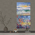 Oil Painting Wall Art With Sunset Wave And Colorful Flower Design Vase Nuts Decor