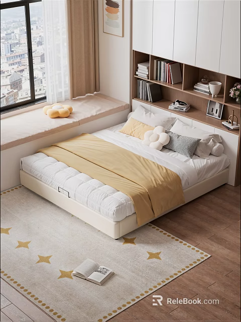 Cozy Bedroom Interior With Platform Bed Yellow Blanket Plush Toys Window Bench And Star Rug 3d model 
