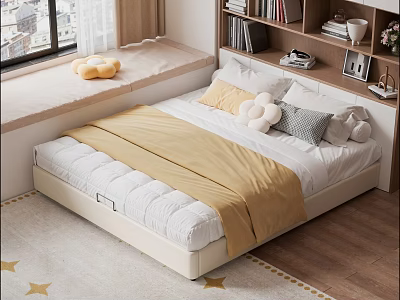 Cozy Bedroom Interior With Platform Bed Yellow Blanket Plush Toys Window Bench And Star Rug 3d model
