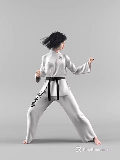 Woman In White Taekwondo Uniform With Black Belt Performing Martial Arts Moves On Gray Background 3d model 