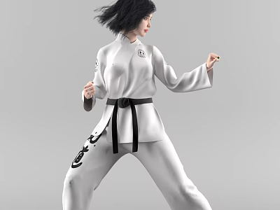 Woman In White Taekwondo Uniform With Black Belt Performing Martial Arts Moves On Gray Background 3d model