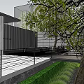 Modern Garden Landscape With Tall Trees Outdoor Seating Green Lawn And Building Surroundings