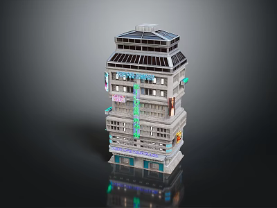Cartoon Scene Of A Multi Story Building With Neon Signs Windows And Balconies 3d model