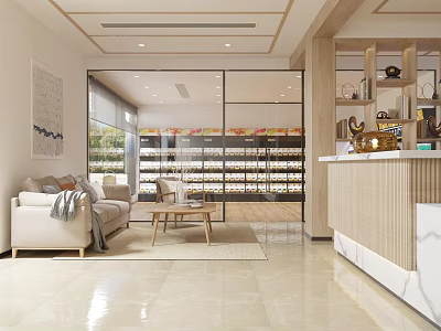 Elegant Modern Store Front Desk Interior With Marble Countertop Beige Sofa Glass Partition And Shelves 3d model