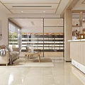 Elegant Modern Store Front Desk Interior With Marble Countertop Beige Sofa Glass Partition And Shelves