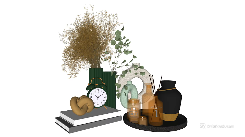 Decorative Ornament Set With Green Vase Dried Flowers Eucalyptus Vintage Alarm Clock And Stacked Books 3d model 