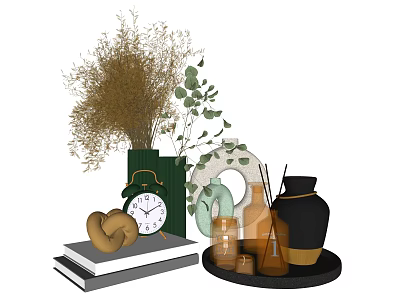 Decorative Ornament Set With Green Vase Dried Flowers Eucalyptus Vintage Alarm Clock And Stacked Books 3d model