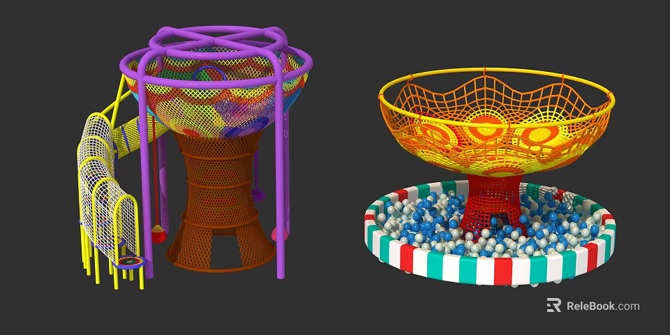 Colorful Playground Equipment With Spiral Climbing Net Bowl Shaped Net And Striped Ball Pit 3d model 