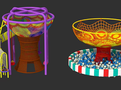 Colorful Playground Equipment With Spiral Climbing Net Bowl Shaped Net And Striped Ball Pit 3d model