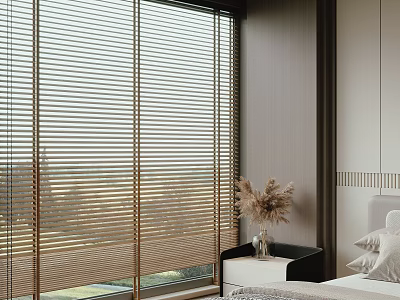 Light Wood Wooden Blinds For Large Bedroom Window With Decorative Plant 3d model