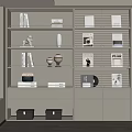 Modern Light Gray Bookcase with Multiple Shelves Drawers Books and Decorative Items 3d model