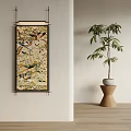 Abstract Painting Hanging On Light Colored Wall With Plant On Wooden Stand And Wooden Floor