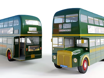 Green Vintage Double Decker Buses With Front Rear Views And Classic Advertisements 3d model