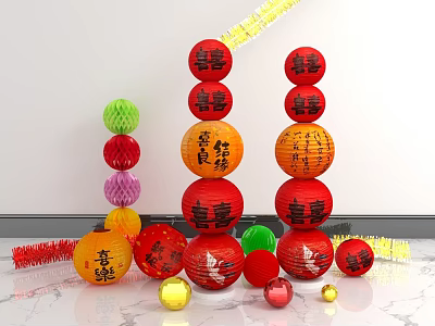 Colorful Stacked Lanterns With Double Happiness Characters For Traditional Festive Decoration 3d model