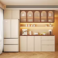 Modern Beige Sideboard With Refrigerator Glass Door Cabinets Warm Lighting And Decorative Items In Kitchen
