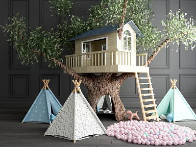 Adorable Tree House With Balcony And Ladder Surrounded By Colorful Tents And Balls 3d model