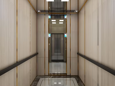 Modern Elevator Interior With Light Wood Grain Walls Golden Lines Black Handrails And Ceiling Lights 3d model