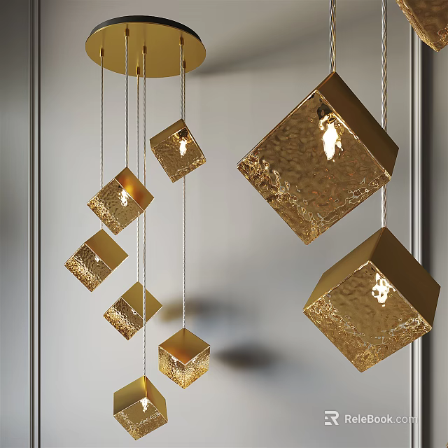 Modern Gold Cube Pendant Light with Multiple Textured Hanging Geometric Design 3d model 