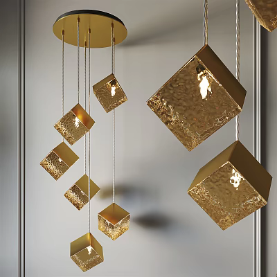 Modern Gold Cube Pendant Light with Multiple Textured Hanging Geometric Design 3d model