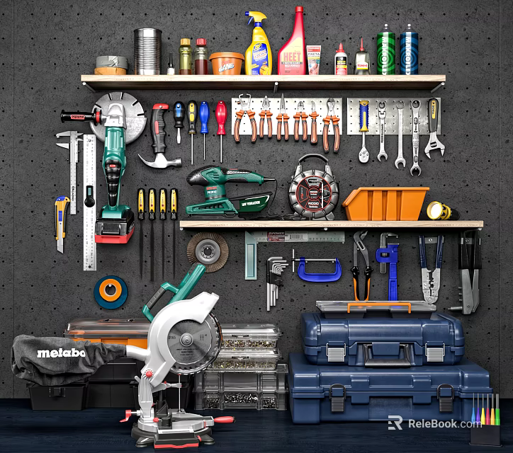 Various Hardware Tools Including Electric Drill Saw and Toolboxes on Wall Shelves 3d model