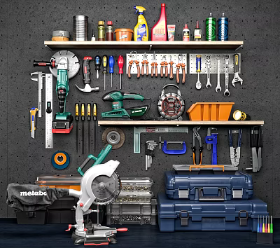 Various Hardware Tools Including Electric Drill Saw and Toolboxes on Wall Shelves 3d model