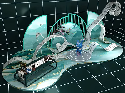 Traditional Scroll Art With Landscape Pattern And Blue Figure In Modern Transparent Arc Structure 3d model