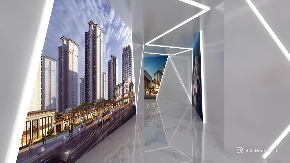 Modern Exhibition Hall Interior With High Rise Building Displays And Marble Floors 3d model 