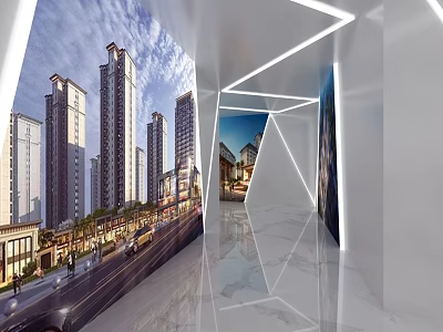 Modern Exhibition Hall Interior With High Rise Building Displays And Marble Floors 3d model