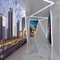 Modern Exhibition Hall Interior With High Rise Building Displays And Marble Floors