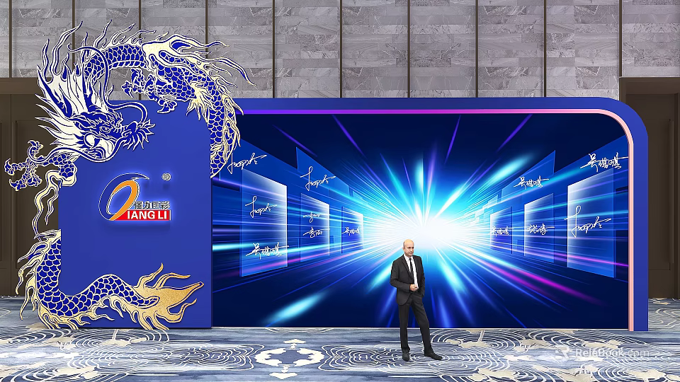 Eye Catching Photo Check In Spot With Blue Background Golden Dragon Signatures And Radiant Light 3d model 