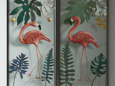Tropical Flamingo And Leaf Metal Wall Decor With Green Pink Artwork 3d model