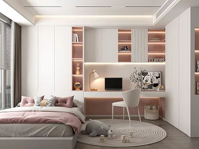Tatami Bedroom With Pink Bedding Desk Chair Storage Cabinets Lamp Round Rug And Natural Light 3d model