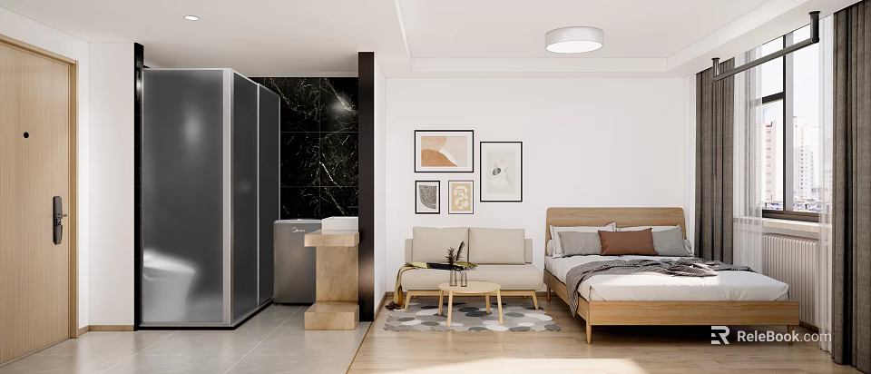 Modern Apartment Interior Design With Bedroom Living Area Artwork Marble Wall And Wooden Flooring 3d model 