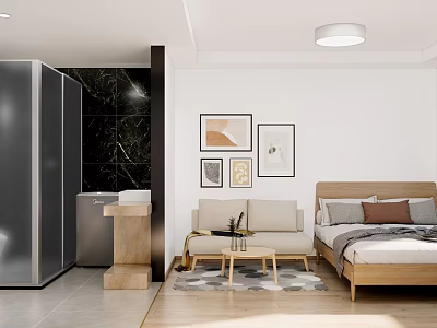 Modern Apartment Interior Design With Bedroom Living Area Artwork Marble Wall And Wooden Flooring 3d model