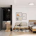Modern Apartment Interior Design With Bedroom Living Area Artwork Marble Wall And Wooden Flooring